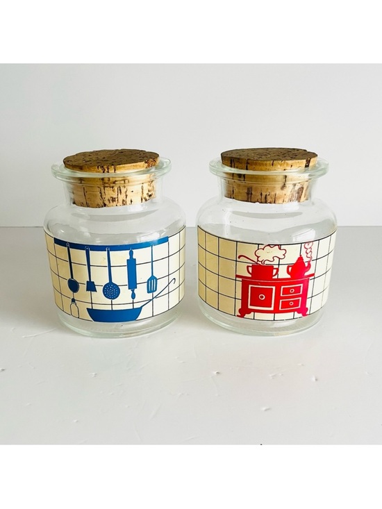 Vintage Other - Vintage French Glass Kitchen Canisters w/ Cork Lids Retro Pantry Jars Set of 2